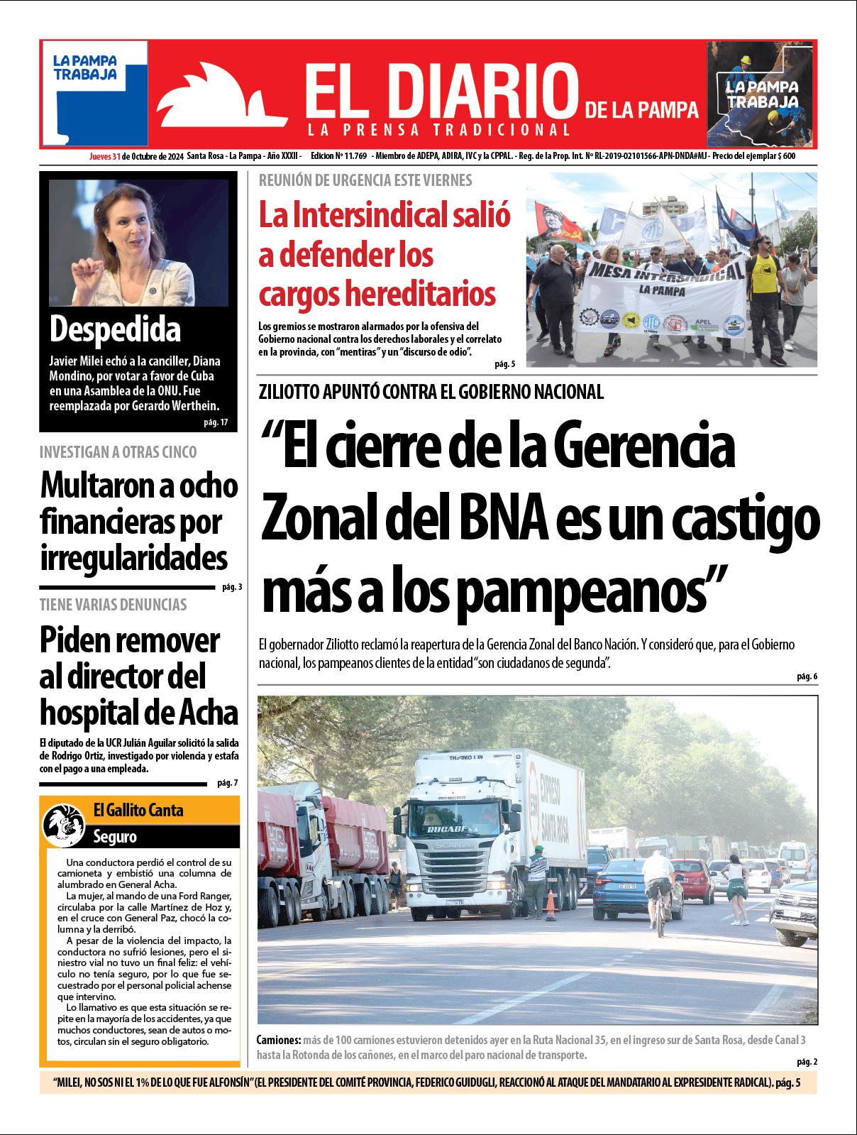 Tapa de El Diario en papel  jueves 31 de octubre de 2024